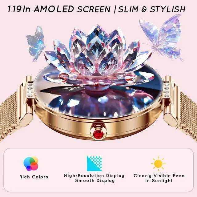 Alt view image 5 of 7 - Smart Watch for Women 1.19 Small Screen AMOLED 2000 Nit-3 Band Rose Gold | Compatible iPhone & Android with Bluetooth Call/Heart Rate/SpO2/Sleep Monitor, 120+ Sports Modes Waterproof Fitness Tracker