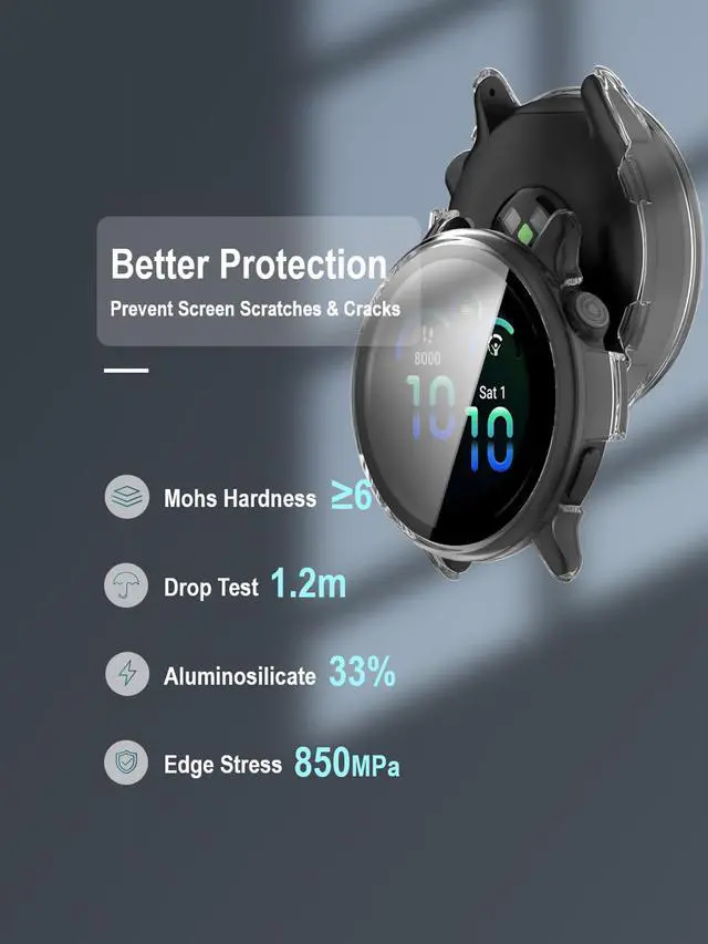 Alt view image 4 of 7 - Case with Screen Protector for Garmin Vivoactive 6, 9H Glass | 3 Black Cases + 4 Dust Plugs + ABS Box. Built-in Glass. 9H Hardness, Anti-Scratch, Anti-Bubble, HD Clarity, Anti-Fingerprint