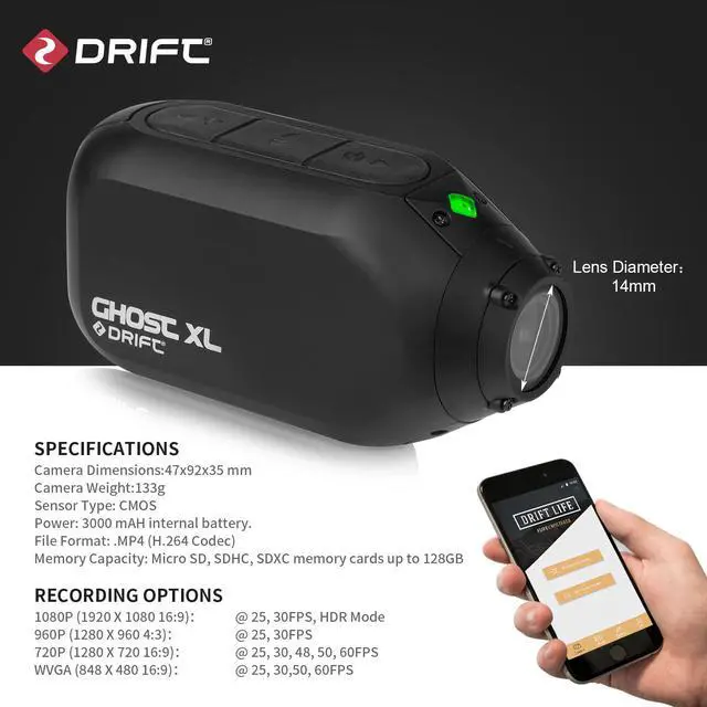 Alt view image 7 of 7 - Drift Ghost XL 9 Hour Battery Action Camera, 1080P IPX7 Waterproof Helmet Camera, WiFi Remote Control Sport Cameras Wearable for Vlog Motorcycle Bicycle Cam