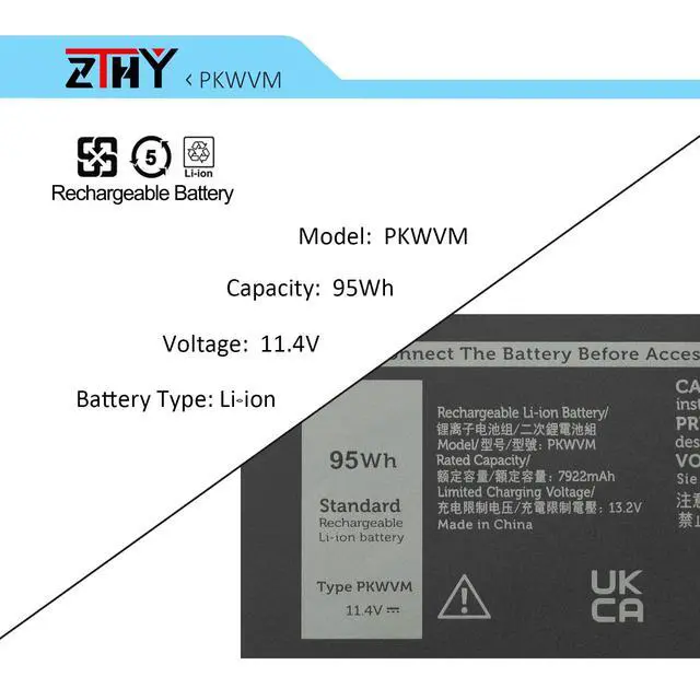 Alt view image 3 of 6 - 95Wh PKWVM Battery Replacement for Dell Precision 7550 7560 7750 7760 | P44E P93F P44E001 P44E002 P93F001 P93F002 C903V 17C06 0CR72X 0447VR 068N03 453-BBCQ Laptop Battery 11.4V 6-Cell