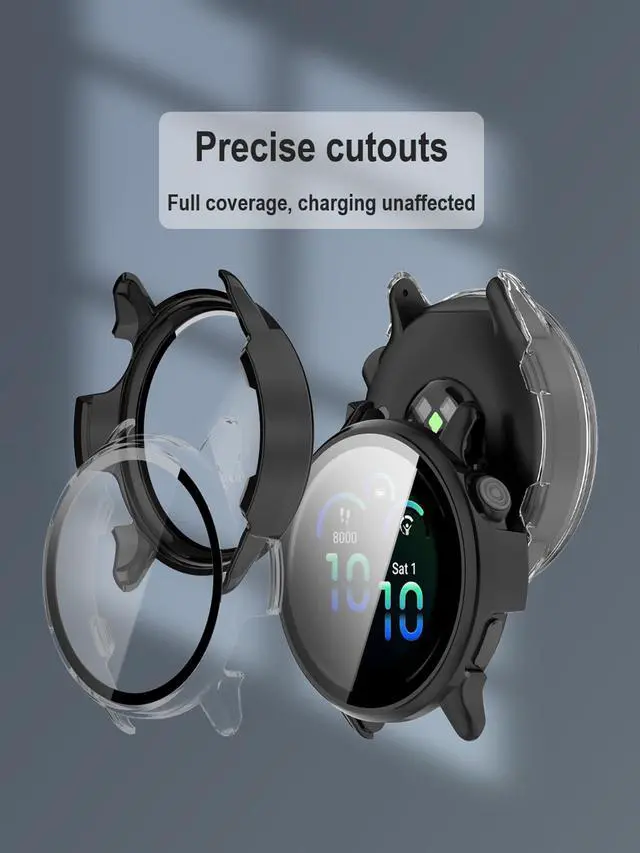 Alt view image 6 of 7 - Case with Screen Protector for Garmin Vivoactive 6, 9H Glass | 3 Black Cases + 4 Dust Plugs + ABS Box. Built-in Glass. 9H Hardness, Anti-Scratch, Anti-Bubble, HD Clarity, Anti-Fingerprint