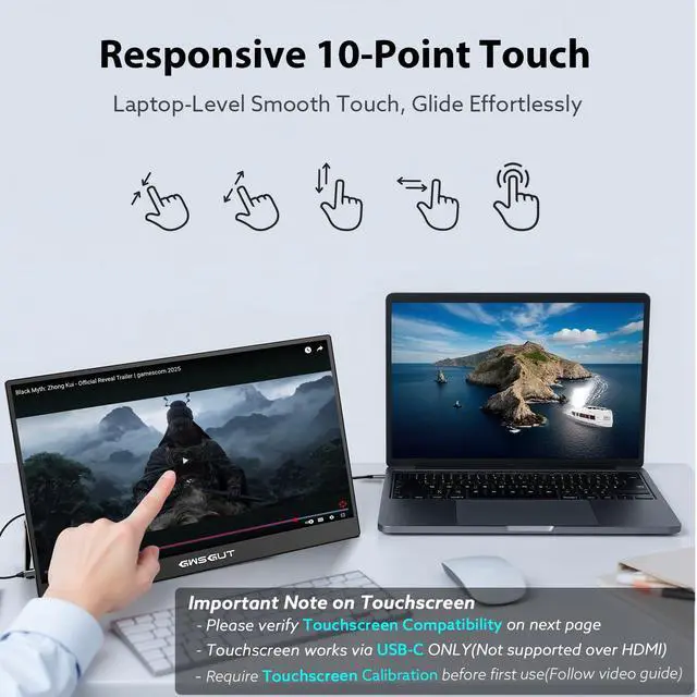 Alt view image 3 of 7 - Portable Monitor Touchscreen 15.6'' FHD 1080P USB-C HDMI Ultra-Slim Gaming Display, Built-in Stand Speakers HDR IPS,for Laptop PC Mac Phone PS4/5 Travel Monitors (1080p Touchscreen, 15.6")