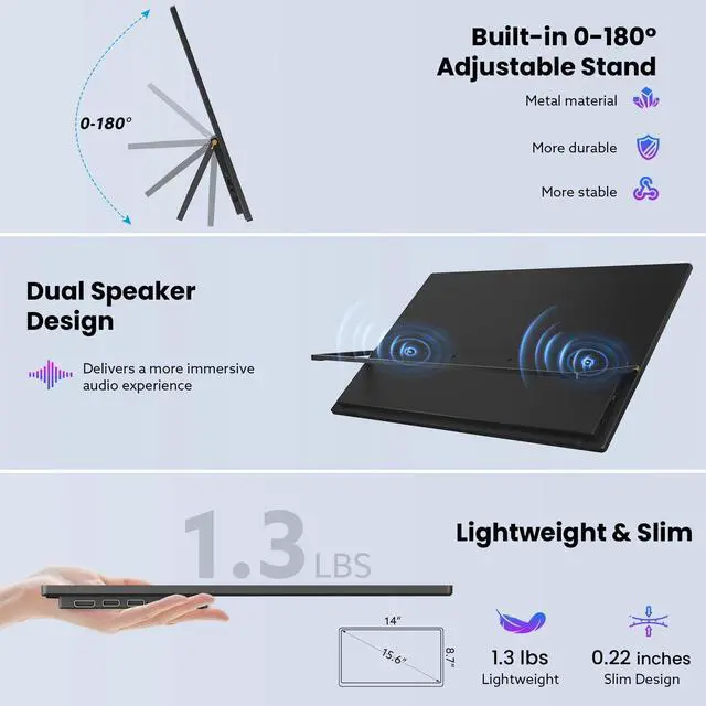 Alt view image 6 of 7 - Portable Monitor Touchscreen 15.6'' FHD 1080P USB-C HDMI Ultra-Slim Gaming Display, Built-in Stand Speakers HDR IPS,for Laptop PC Mac Phone PS4/5 Travel Monitors (1080p Touchscreen, 15.6")