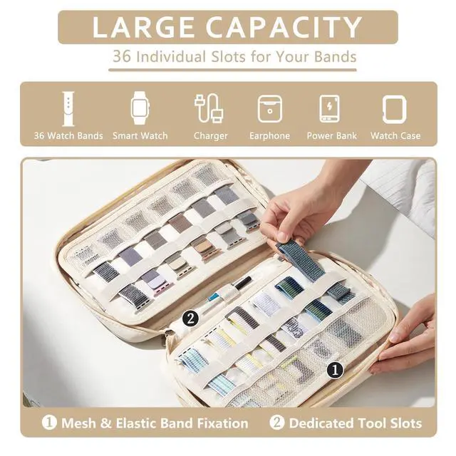 Alt view image 3 of 7 - Watch Band Organizer Bag, 36-Slot Storage Case for Straps, Beige | Double-layer Travel Watch Band Holder in 420D Water-resistant Oxford for iWatch Straps, Spring Bars, Cables, and Accessories