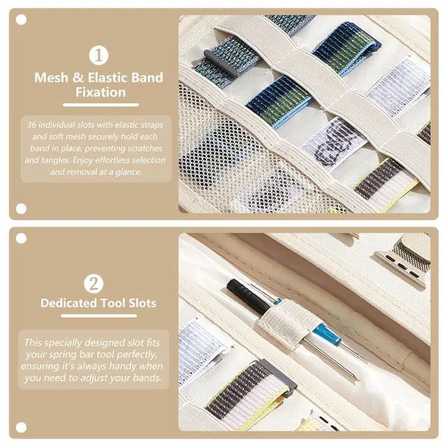 Alt view image 5 of 7 - Watch Band Organizer Bag, 36-Slot Storage Case for Straps, Beige | Double-layer Travel Watch Band Holder in 420D Water-resistant Oxford for iWatch Straps, Spring Bars, Cables, and Accessories
