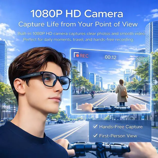 Alt view image 2 of 6 - Smart Glasses with Camera, 1080P HD Video Recording Camera Glasses, Bluetooth Open-Ear Audio Smart Glasses, AI Voice Assistant, Dual Cameras, Touch Control for Driving, Cycling, Travel