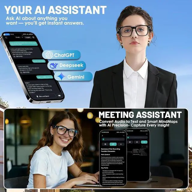 Alt view image 3 of 7 - AI Smart Glasses for Men & Women Powered by ChatGPT, 164+ Languages Translation and Photochromic Lens, Meeting Assistant, Bluetooth Glasses w/ Music & Hands-Free Calling, UV & Blue Light Protection