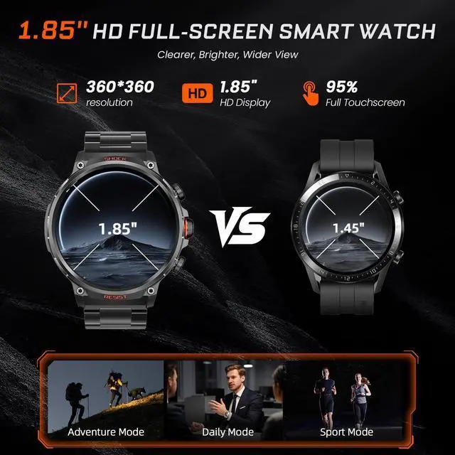 Alt view image 2 of 7 - Military Rugged Smart Watches for Men, 1.85" HD Tactical Fitness Tracker | Answer/Make Calls, 710mAh Battery, 100+ Sports Modes, Heart Rate/SpO2/Sleep Monitor, IP67 Waterproof, for Android iOS