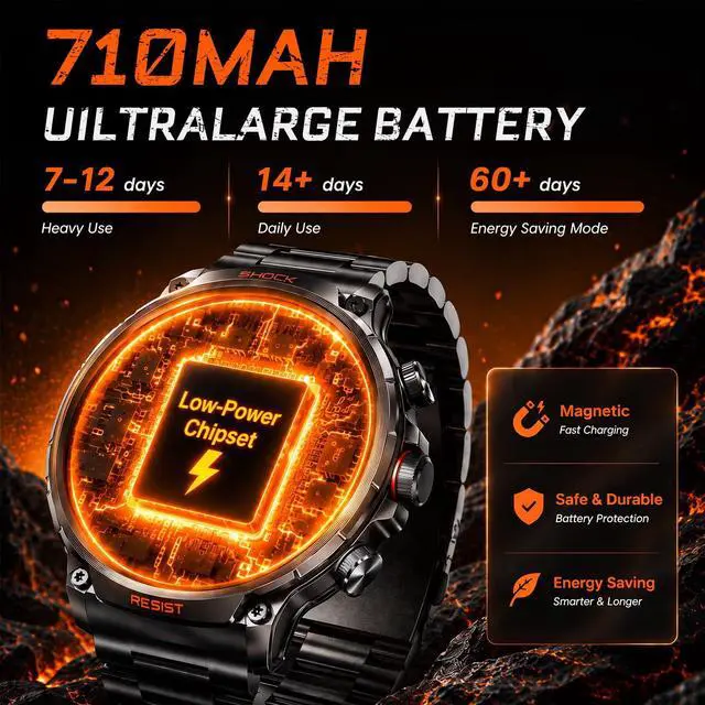Alt view image 3 of 7 - Military Rugged Smart Watches for Men, 1.85" HD Tactical Fitness Tracker | Answer/Make Calls, 710mAh Battery, 100+ Sports Modes, Heart Rate/SpO2/Sleep Monitor, IP67 Waterproof, for Android iOS