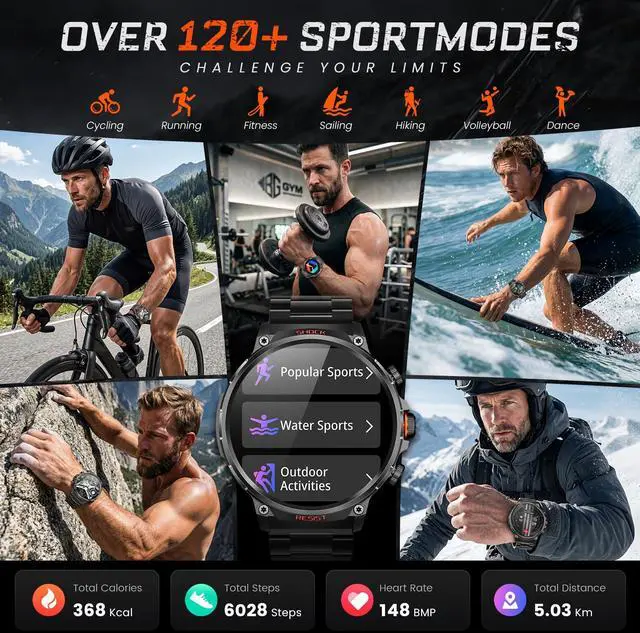 Alt view image 4 of 7 - Military Rugged Smart Watches for Men, 1.85" HD Tactical Fitness Tracker | Answer/Make Calls, 710mAh Battery, 100+ Sports Modes, Heart Rate/SpO2/Sleep Monitor, IP67 Waterproof, for Android iOS