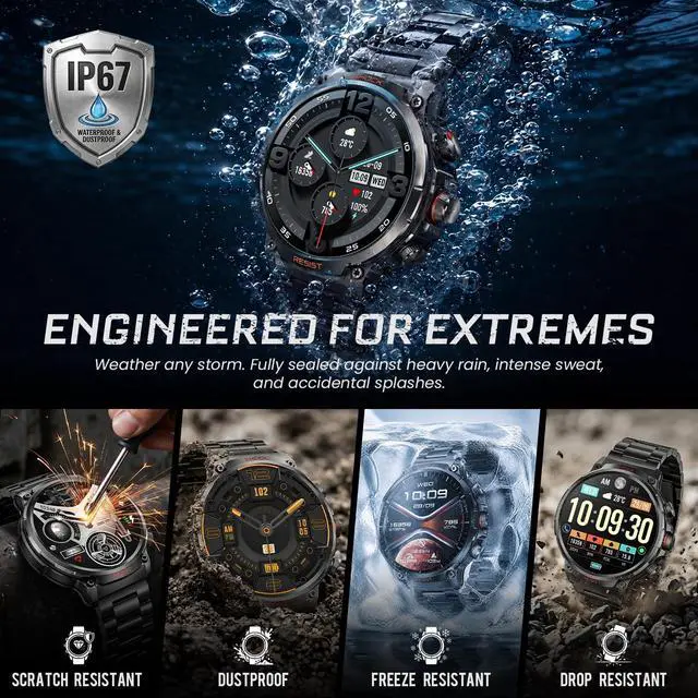 Alt view image 5 of 7 - Military Rugged Smart Watches for Men, 1.85" HD Tactical Fitness Tracker | Answer/Make Calls, 710mAh Battery, 100+ Sports Modes, Heart Rate/SpO2/Sleep Monitor, IP67 Waterproof, for Android iOS