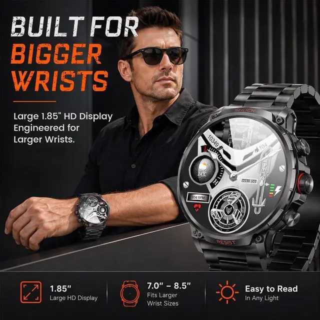 Alt view image 7 of 7 - Military Rugged Smart Watches for Men, 1.85" HD Tactical Fitness Tracker | Answer/Make Calls, 710mAh Battery, 100+ Sports Modes, Heart Rate/SpO2/Sleep Monitor, IP67 Waterproof, for Android iOS