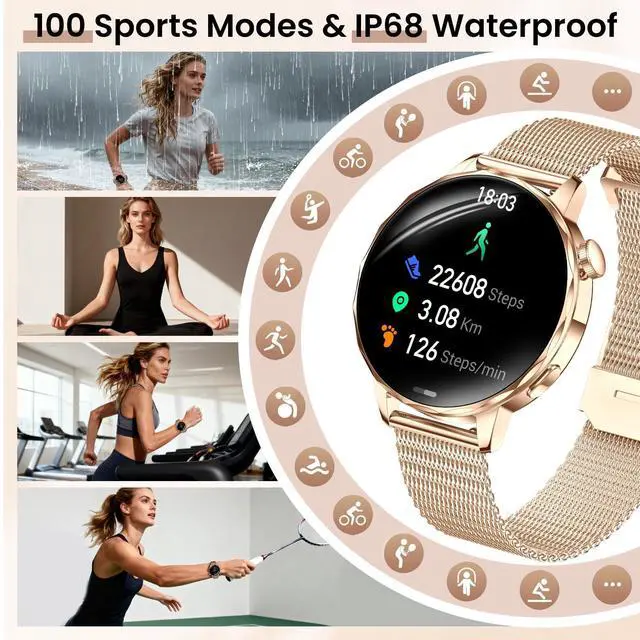 Alt view image 5 of 5 - Smart Watches for Women, 1.27'' Smartwatches (Answer/Make Calls) Compatible with iPhone/Android Phones, IP68 Waterproof Fitness Tracker Watch with Sleep Monitor,100+ Sports Modes (Rose Gold)