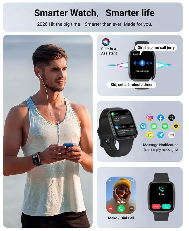 Alt view image 2 of 7 - Smart Watch for Men/Women, 1.85" AMOLED Screen Fitness Tracker | for iPhone/Android/Samsung, Answer/Make Call, Heart Rate/Sleep/SpO2, 3ATM Waterproof, 120+ Sport Modes, AI Voice, Black
