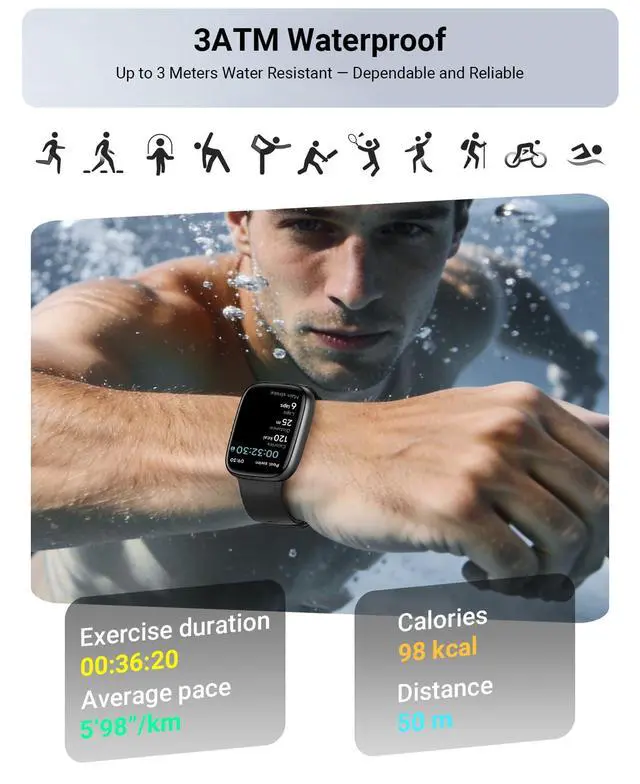 Alt view image 4 of 7 - Smart Watch for Men/Women, 1.85" AMOLED Screen Fitness Tracker | for iPhone/Android/Samsung, Answer/Make Call, Heart Rate/Sleep/SpO2, 3ATM Waterproof, 120+ Sport Modes, AI Voice, Black