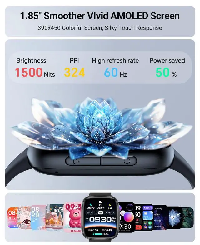 Alt view image 5 of 7 - Smart Watch for Men/Women, 1.85" AMOLED Screen Fitness Tracker | for iPhone/Android/Samsung, Answer/Make Call, Heart Rate/Sleep/SpO2, 3ATM Waterproof, 120+ Sport Modes, AI Voice, Black
