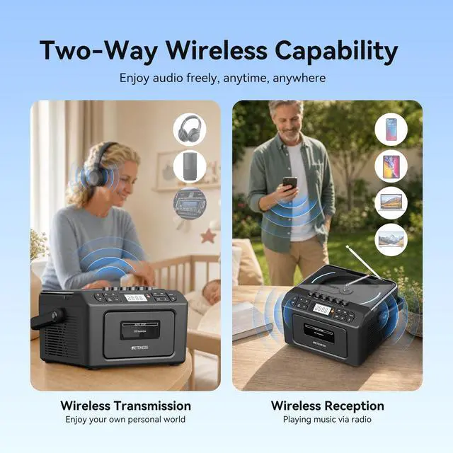 Alt view image 3 of 7 - TR642 Boombox with CD and Cassette Player, Radio with CD Player | for Home/Gifts, 15H Long-Lasting, Wireless 5.3, LED Ambient Lighting, Dual-Speaker Stereo, Sleep Timer, AM/FM, Remote Control