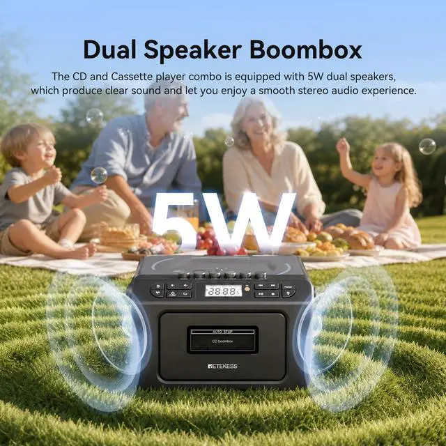 Alt view image 4 of 7 - TR642 Boombox with CD and Cassette Player, Radio with CD Player | for Home/Gifts, 15H Long-Lasting, Wireless 5.3, LED Ambient Lighting, Dual-Speaker Stereo, Sleep Timer, AM/FM, Remote Control