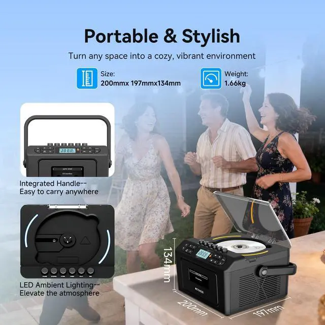 Alt view image 7 of 7 - TR642 Boombox with CD and Cassette Player, Radio with CD Player | for Home/Gifts, 15H Long-Lasting, Wireless 5.3, LED Ambient Lighting, Dual-Speaker Stereo, Sleep Timer, AM/FM, Remote Control