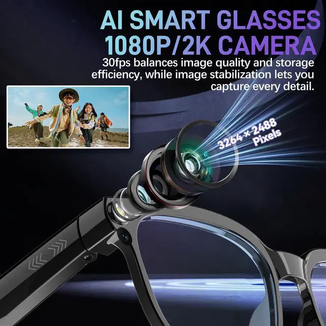 Alt view image 2 of 7 - AI Smart Glasses with Camera,800W Camera Glasses for Men and Women,Recording Glasses with Cameras,Replaceable Lenses/Real-Time Translation/Voice Control,Music Playback for Travel/Outdoor/Business