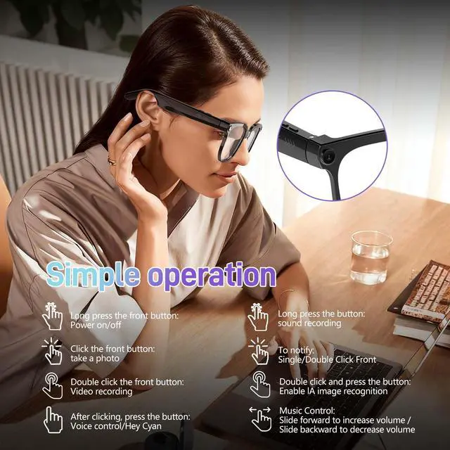 Alt view image 3 of 7 - AI Smart Glasses with Camera,800W Camera Glasses for Men and Women,Recording Glasses with Cameras,Replaceable Lenses/Real-Time Translation/Voice Control,Music Playback for Travel/Outdoor/Business