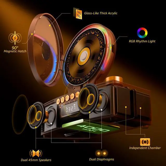 Alt view image 3 of 7 - Portable CD Player with Bluetooth, Rechargeable & Hi-Fi Speakers | Bluetooth TX & RX, 4000mAh rechargeable battery, retro kpop CD player, Hi-Fi stereo, sleep timer, USB/TF/AUX, 5 CD formats