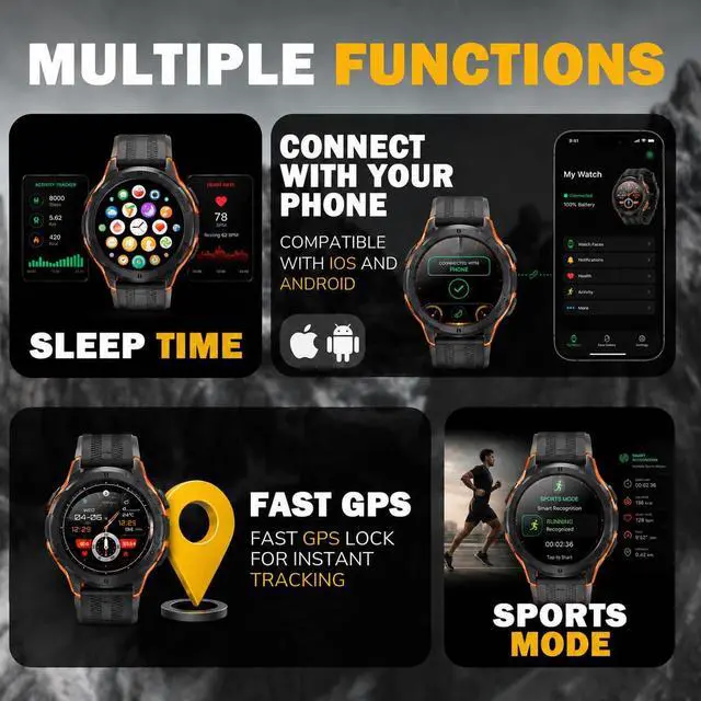Alt view image 5 of 7 - Rugged Smart Watch for Men, Foreman Smartwatch, Waterproof Digital Watch for The Toughest Jobs, with Fitness Trackers, Heart Rate Monitor, IP68, Pedometer, Workout Modes and More