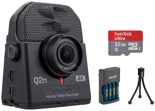 Main image of Q2n-4K Handy Video Recorder with 32GB Ultra Memory Card, Tabletop Tripod & Charger (4 AA NiMH Battery) Bundle