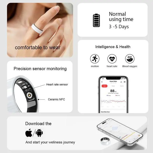 Alt view image 2 of 7 - Smart Ring for Women Men Without Subscription Ceramic Design Health Tracking smart Ring for Sleep, Heart Rate, Stress & Activity Tracking (White, 9)
