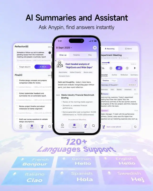 Alt view image 6 of 7 - Note Pod P1 AI Voice Recorder, Transcribe &Summarize, Wearable AI Note taker for Meetings, Calls & Productivity, Wi-Fi Sync, Support 120+ Languages, 64GB, Cosmic Blue