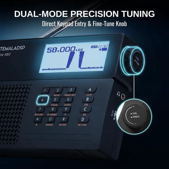 Alt view image 3 of 7 - MLite-880 SDR Shortwave Radio Receiver with Aviation Band | 5000mAh battery, SSB/LSB/USB/CW modes, DSP noise reduction, waterfall spectrum display