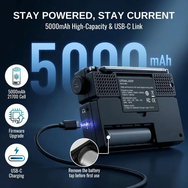 Alt view image 4 of 7 - MLite-880 SDR Shortwave Radio Receiver with Aviation Band | 5000mAh battery, SSB/LSB/USB/CW modes, DSP noise reduction, waterfall spectrum display