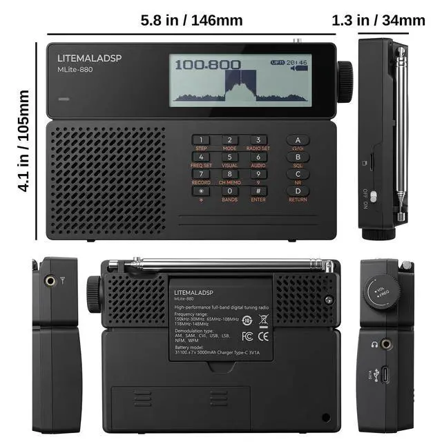 Alt view image 7 of 7 - MLite-880 SDR Shortwave Radio Receiver with Aviation Band | 5000mAh battery, SSB/LSB/USB/CW modes, DSP noise reduction, waterfall spectrum display