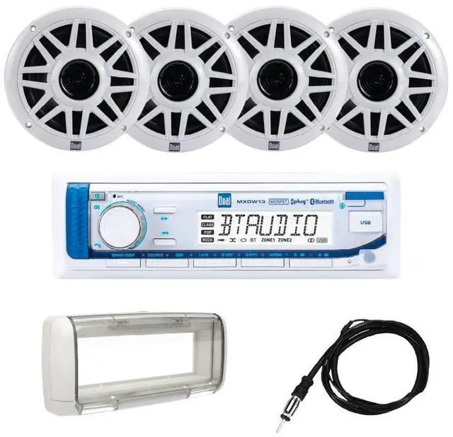 Main image of MXP154SG Marine Stereo with 4 6.5" Speakers & Splashguard | Complete boat audio kit, four 6.5" marine speakers, splashguard & antenna included, Bluetooth, USB with 2.1A fast charging