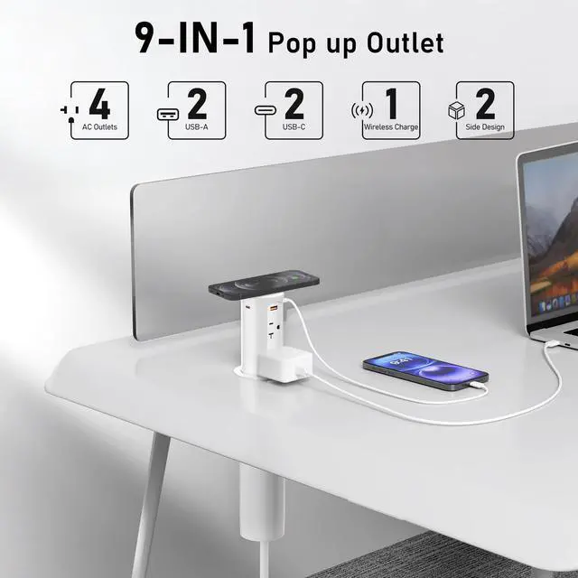 Alt view image 2 of 7 - 20Amp Pop Up Outlet for Countertop,15W Wireless Charging Pad,20W USB C,2.5-Inch Hole,4 Outlets,Space Saver for Desk,2500W 12 AWG Power Cord,ETL Listed (White)