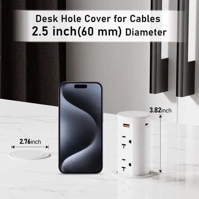 Alt view image 6 of 7 - 20A Pop Up Outlet for Countertop,Recessed Power Strip 2.5-Inch Hole,Tamper Resistant Receptacle,20W USB C,4 Outlets,Space Saver for Kitchen,Office Desk,12 AWG Extension Cord,ETL Listed (White)