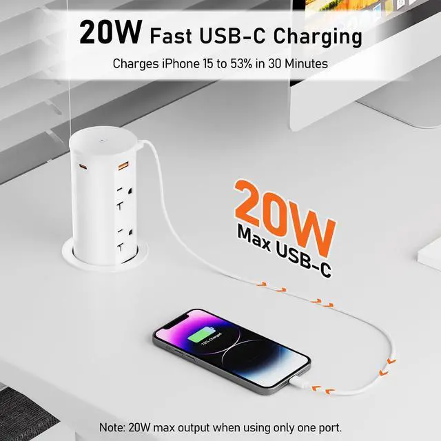 Alt view image 5 of 7 - 20Amp Pop Up Outlet for Countertop,15W Wireless Charging Pad,20W USB C,2.5-Inch Hole,4 Outlets,Space Saver for Desk,2500W 12 AWG Power Cord,ETL Listed (White)