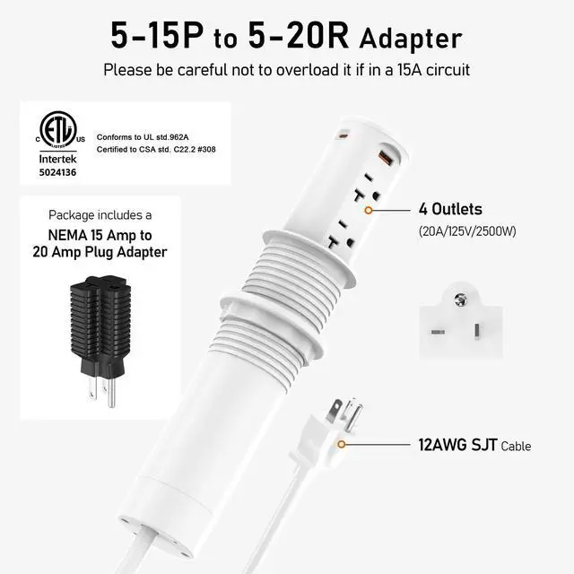 Alt view image 2 of 7 - 20A Pop Up Outlet for Countertop,Recessed Power Strip 2.5-Inch Hole,Tamper Resistant Receptacle,20W USB C,4 Outlets,Space Saver for Kitchen,Office Desk,12 AWG Extension Cord,ETL Listed (White)