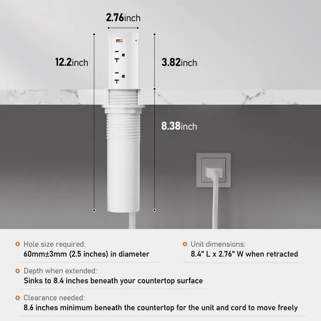 Alt view image 7 of 7 - 20A Pop Up Outlet for Countertop,Recessed Power Strip 2.5-Inch Hole,Tamper Resistant Receptacle,20W USB C,4 Outlets,Space Saver for Kitchen,Office Desk,12 AWG Extension Cord,ETL Listed (White)