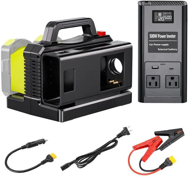 Main image of Pure Sine Wave Inverter Compatible with Ryobi 18V Battery, 2 in 1 500W 2 Port Power Inverter Battery Charger Generator DC 20V to AC* 2 Outlets, 120V Car Charger Plug, USB&Type-C (Tool Only)