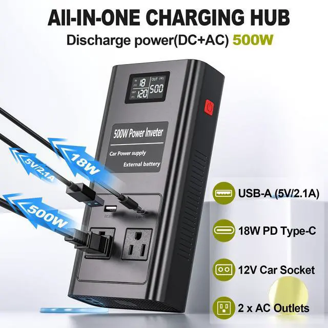 Alt view image 4 of 7 - Pure Sine Wave Inverter Compatible with Ryobi 18V Battery, 2 in 1 500W 2 Port Power Inverter Battery Charger Generator DC 20V to AC* 2 Outlets, 120V Car Charger Plug, USB&Type-C (Tool Only)