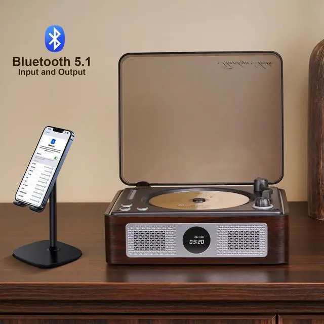Alt view image 2 of 7 - Y11 Retro CD Player for Home, Bluetooth Portable Player Speakers | Retro wooden CD Player,Rechargeable Portable,Dual HiFi Speakers, USB/AUX Input, RGB Light,Music Lover