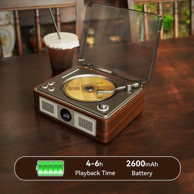 Alt view image 4 of 7 - Y11 Retro CD Player for Home, Bluetooth Portable Player Speakers | Retro wooden CD Player,Rechargeable Portable,Dual HiFi Speakers, USB/AUX Input, RGB Light,Music Lover