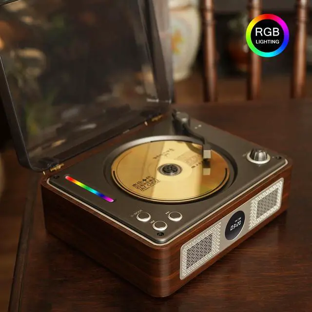 Alt view image 5 of 7 - Y11 Retro CD Player for Home, Bluetooth Portable Player Speakers | Retro wooden CD Player,Rechargeable Portable,Dual HiFi Speakers, USB/AUX Input, RGB Light,Music Lover