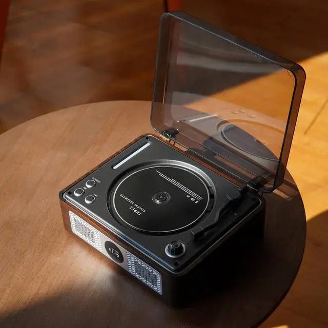 Alt view image 7 of 7 - Y11 Retro CD Player for Home, Bluetooth Portable Player Speakers | Retro wooden CD Player,Rechargeable Portable,Dual HiFi Speakers, USB/AUX Input, RGB Light,Music Lover