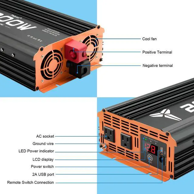 Alt view image 2 of 7 - 2000W Inverter 12V DC to 110V AC Converter for Home, RV, Truck, Off-Grid Solar Power Inverter with Built-in 5V/2.1A USB, AC Hardwire Port, Remote Controller