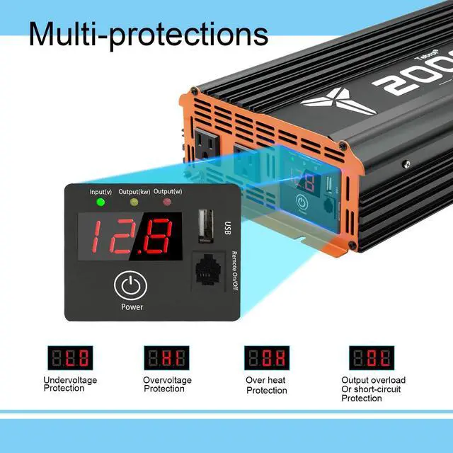 Alt view image 5 of 7 - 2000W Inverter 12V DC to 110V AC Converter for Home, RV, Truck, Off-Grid Solar Power Inverter with Built-in 5V/2.1A USB, AC Hardwire Port, Remote Controller