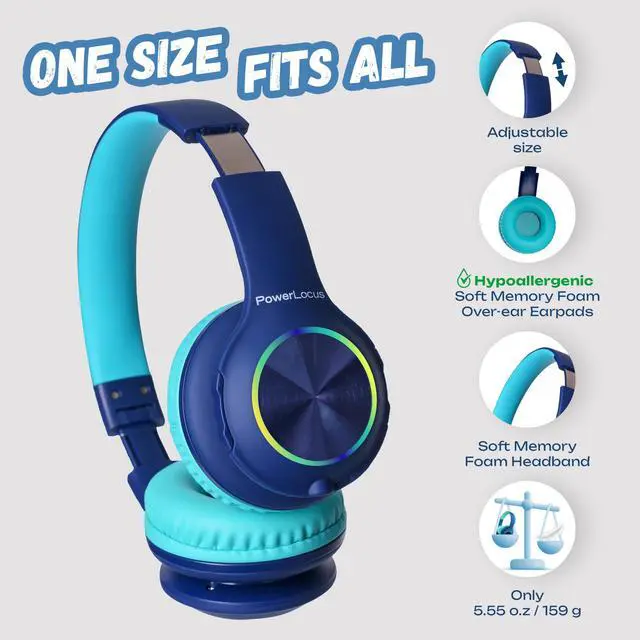 Alt view image 3 of 7 - PLED Kids Bluetooth Headphones, Kids Wireless Headphones with LED Lights, 74/85/94dB Safe Volume, Micro SD, AUX Cable, Hi-Fi Stereo, Built-in Mic Over Ear Kid Headphone for Travel/Tablet/PC