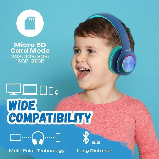 Alt view image 6 of 7 - PLED Kids Bluetooth Headphones, Kids Wireless Headphones with LED Lights, 74/85/94dB Safe Volume, Micro SD, AUX Cable, Hi-Fi Stereo, Built-in Mic Over Ear Kid Headphone for Travel/Tablet/PC