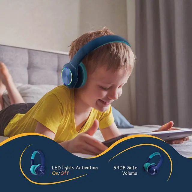 Alt view image 5 of 7 - PLED Kids Bluetooth Headphones, Kids Wireless Headphones with LED Lights, 74/85/94dB Safe Volume, Micro SD, AUX Cable, Hi-Fi Stereo, Built-in Mic Over Ear Kid Headphone for Travel/Tablet/PC